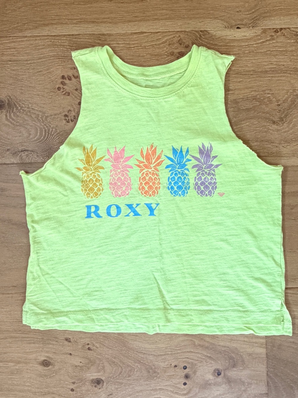 Roxy Girl Rainbow Pineapple Graphic Muscle Tank Lime Green Girls 10/Medium EUC